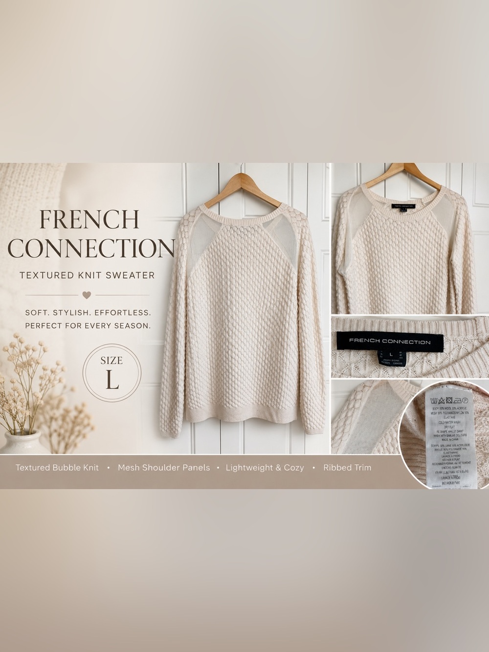 French Connection Cream Textured Knit Mesh Panel Sweater Women’s L Boho Light - Picture 1 of 6